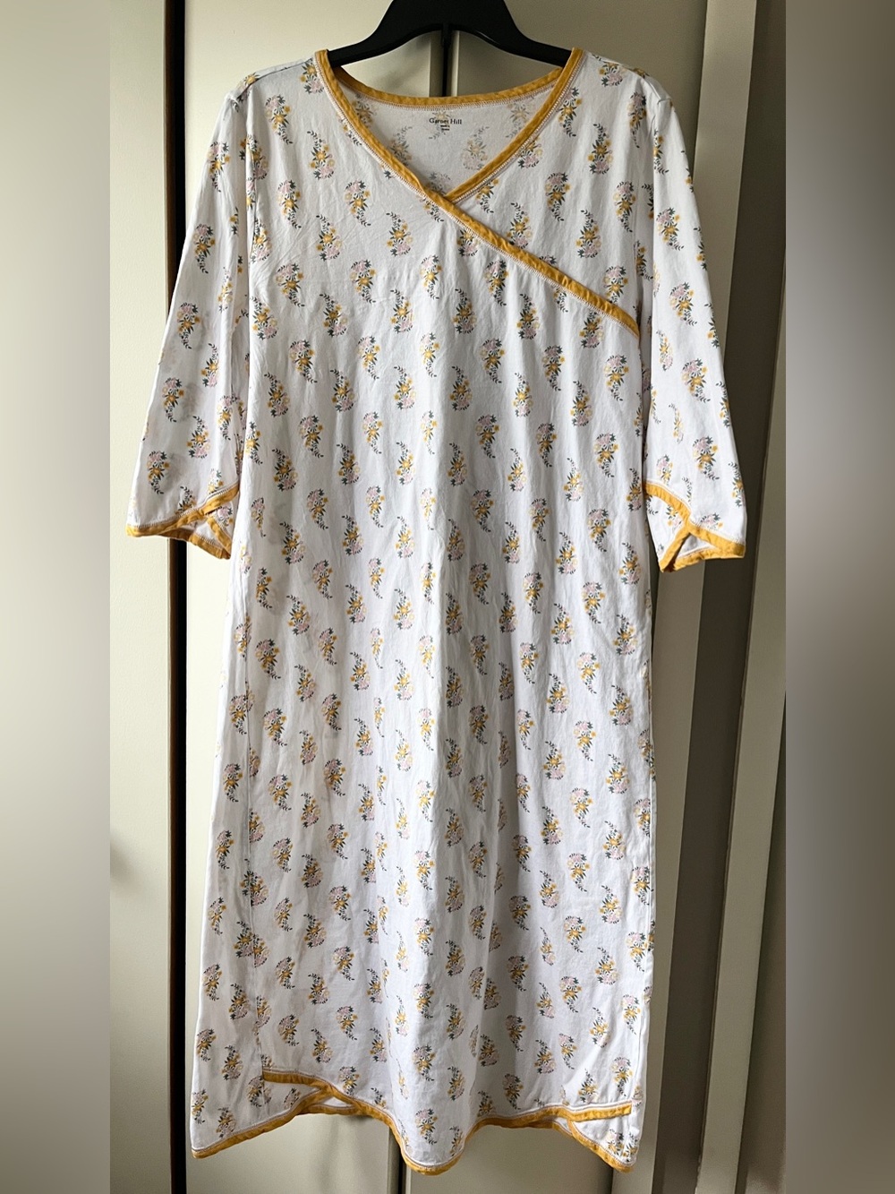 Garnet Hill Asian Wrap Organic Cotton Midi Gown Nightgown Yellow 3/4 Sleeve L